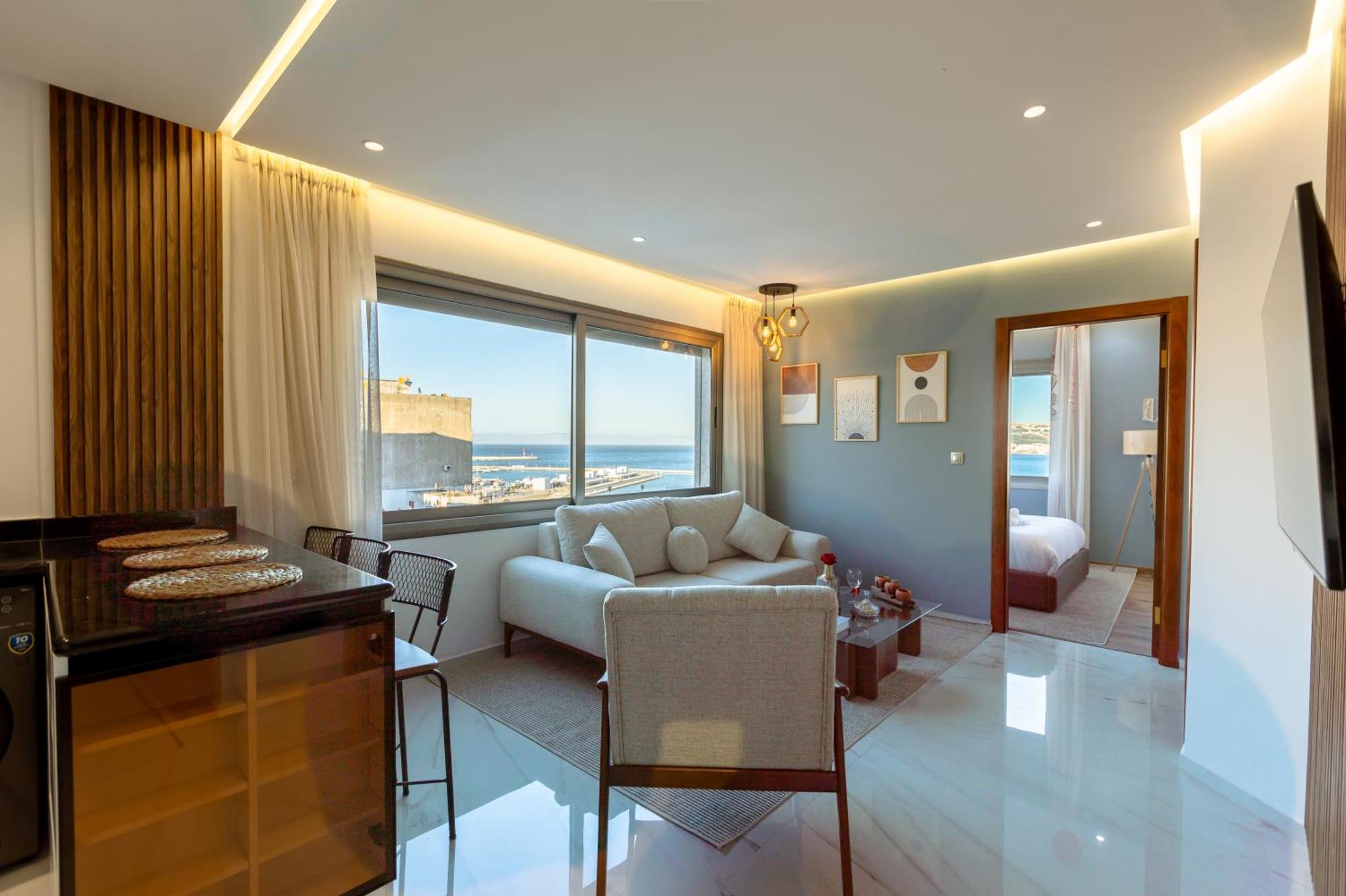 Marina View Residence Luxurious Studio Retreat With Stunning Ocean Views 1 Double Bedroom, 1 Convertible Couch Tanger Exteriör bild